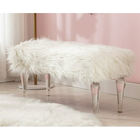 Guyou Modern Faux Fur Entryway Bench Upholstered Ottoman Bench with Clear Acrylic Legs Furry End of Bed Accent Bench Stool for Living Room Bedroom  White