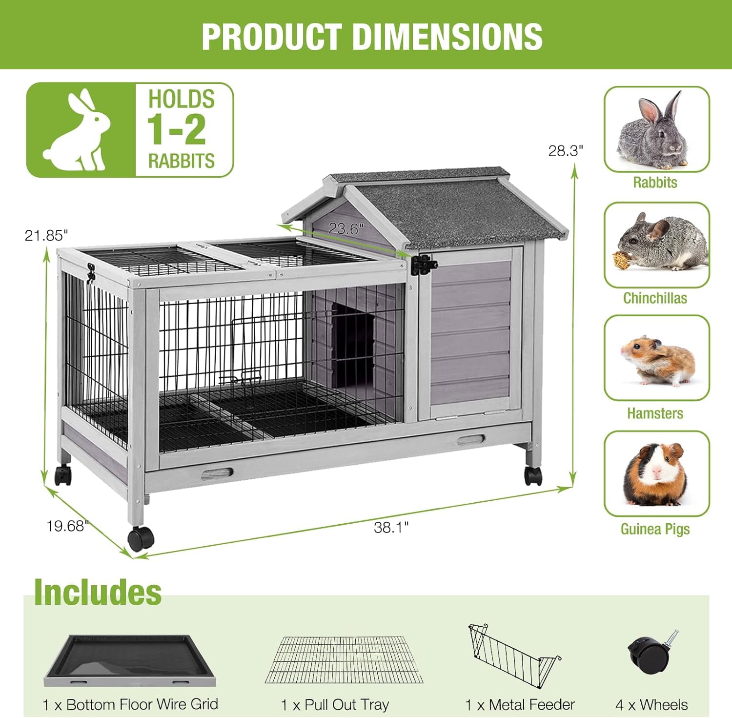 Aivituvin Rabbit Hutch Indoor Bunny Cage Outdoor Wooden Guinea Pig Cage Bunny House with Removable Metal Wire Floor, Lockable Caster Wheels, Leakproof Plastic Tray for 1-2 Rabbits, Small Animals
