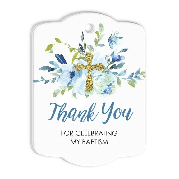 Baptism Favor Tags Blue Floral Boy Rounded Set of 24