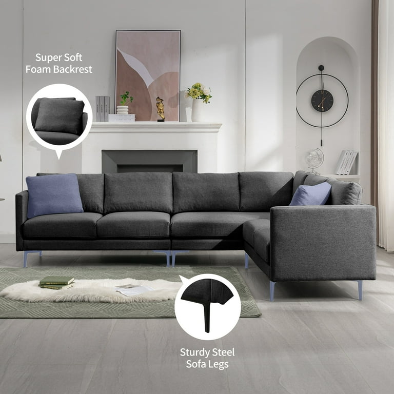 Ijuicy L Shaped Sectional Sofa 6 Seater Corner Modular Sofa Living Room Furniture Sets Dark Grey Size 81.5 D 107 W 32.28H Gray