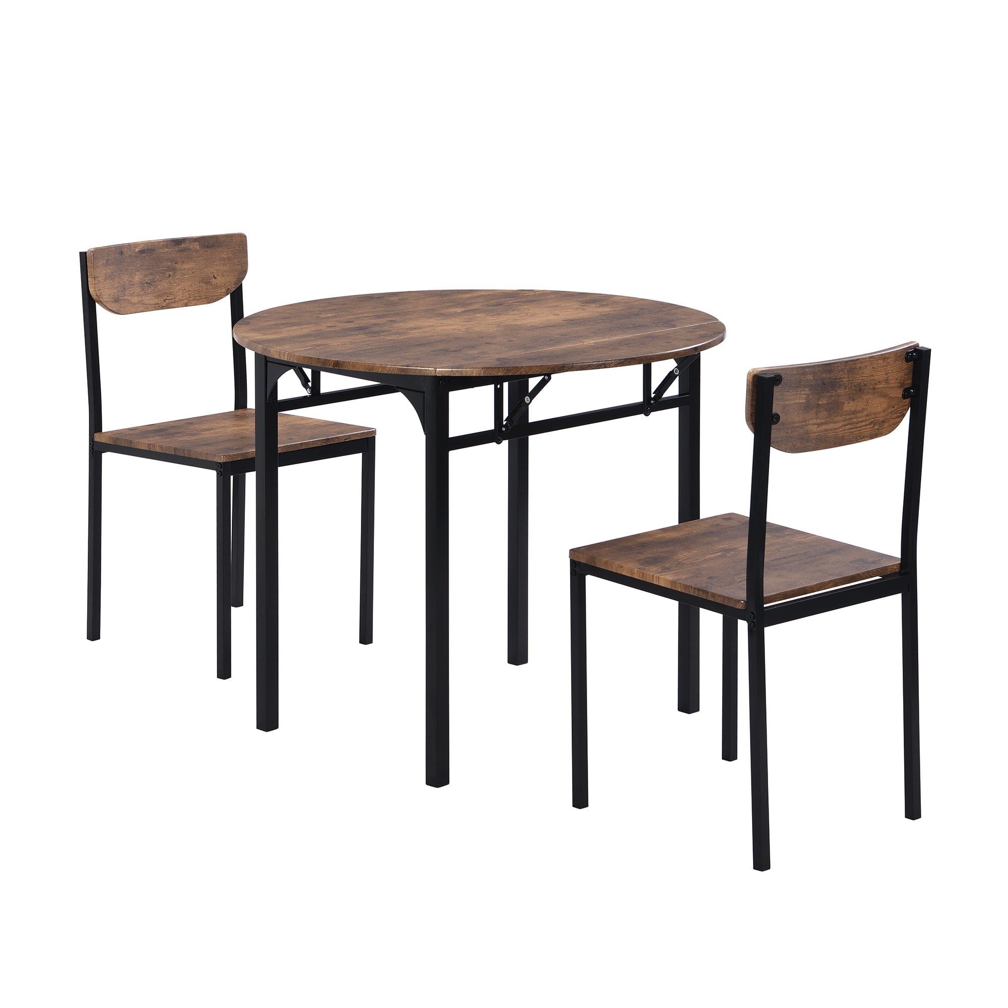 Euroco 3-Piece Round Dining Table Set for 2, Modern Extendable Kitchen Table Set with Drop Leaf,Metal Legs and 2 Chairs for Small Places,Brown