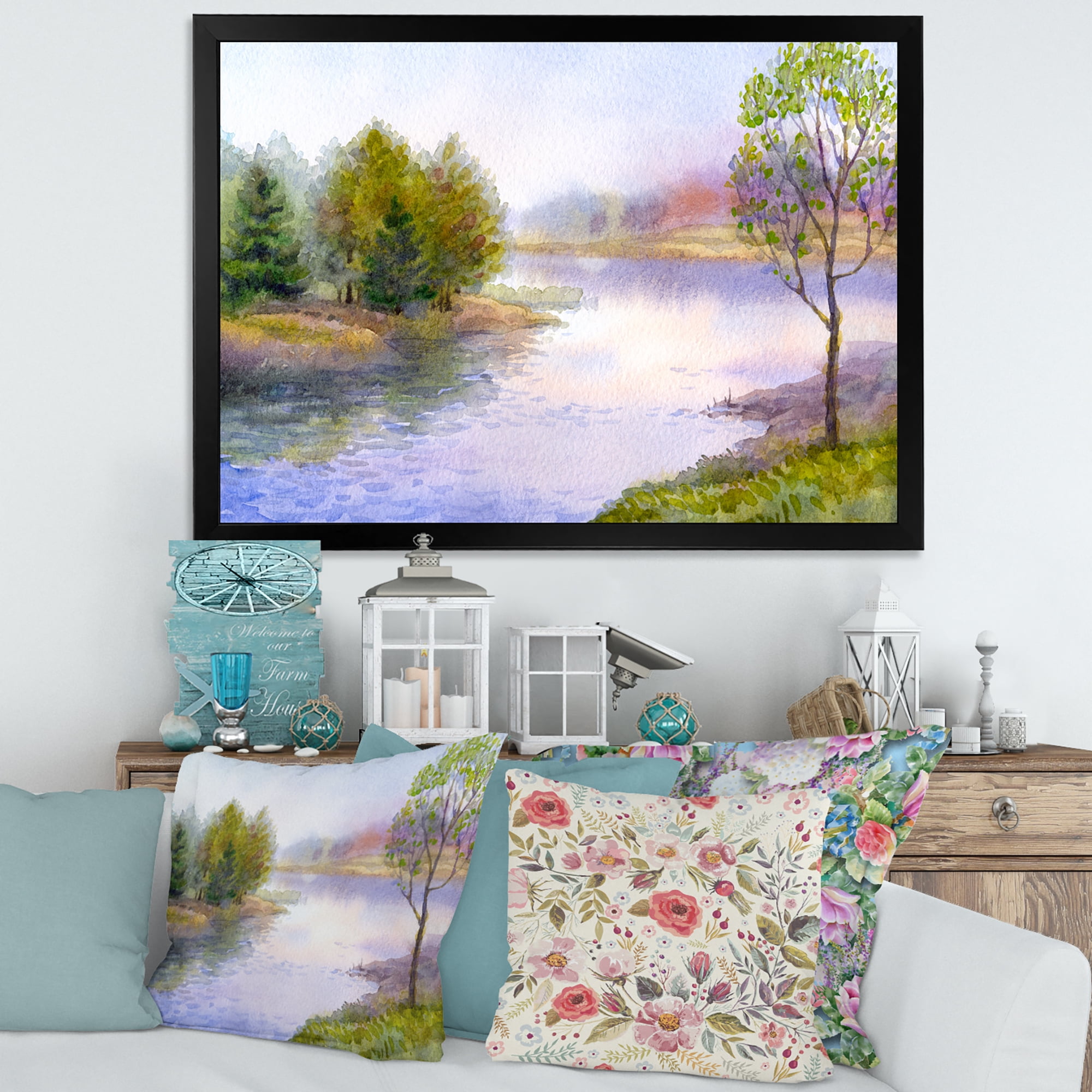 Designart 'Trees On The Bank Of River' Lake House Framed Art Print