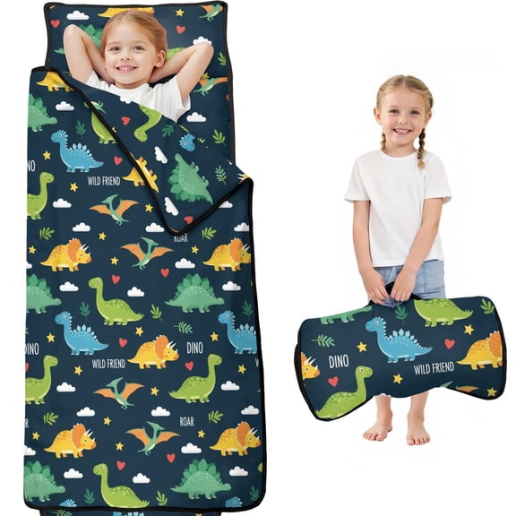 Dinosaur Pattern with Text Elements Teens Toddler Nap Mat with Pillow, Sleeping Mat Bag for Preschool Daycare 59"x22"