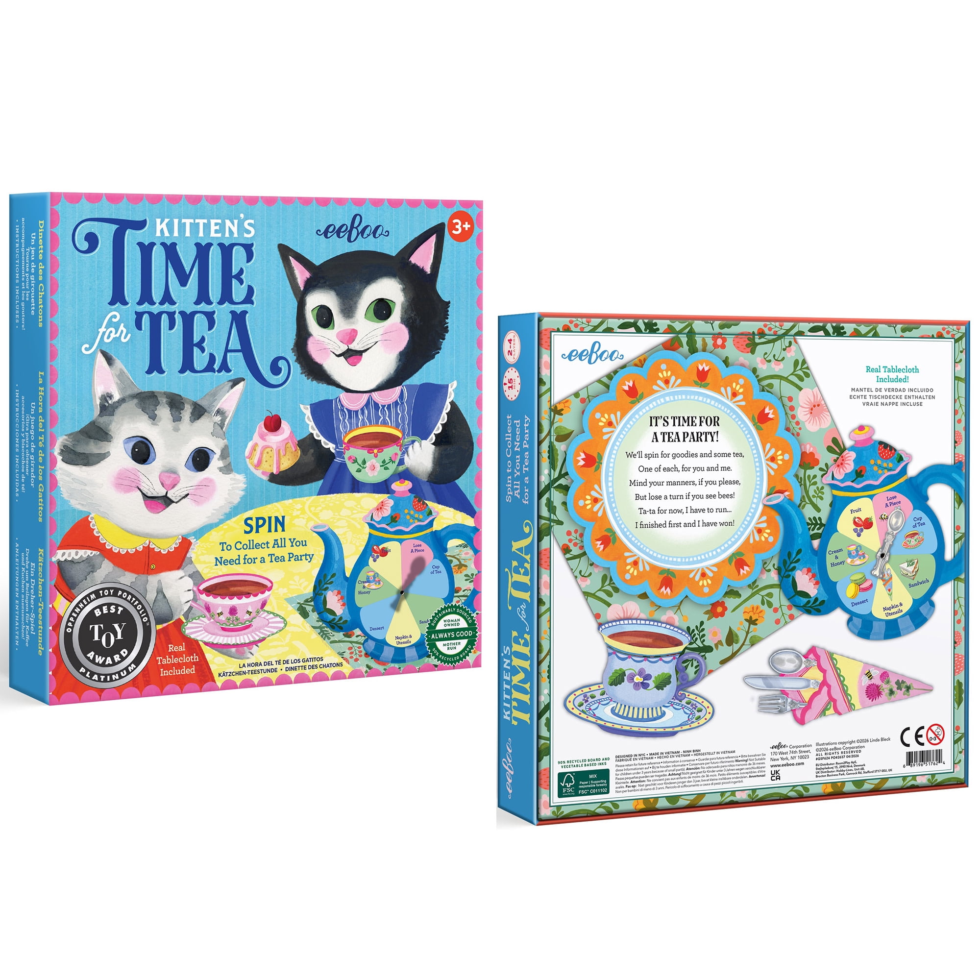 eeBoo Kitten's Time For Tea Spinner Game, Story Building Game, Ages 3+, 2-4 Players - Introduces Storytelling & Creative Thinking, 15 Minute Gameplay