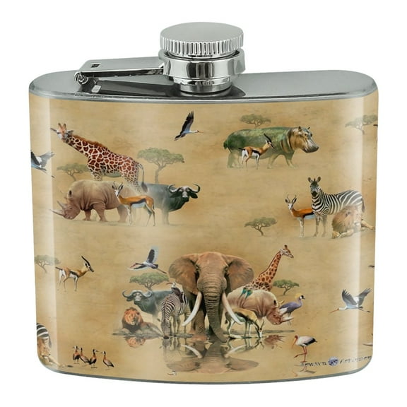African Waterhole Animals Elephant Zebra Rhino Pattern Stainless Steel 5oz Hip Drink Kidney Flask