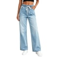 thumbnail image 2 of Risckoth Women's Plus Size Drawstring Elastic Waist Jeans Straight Leg Loose Fit Side Pockets Solid Casual Long Pants S-2XL, 2 of 7