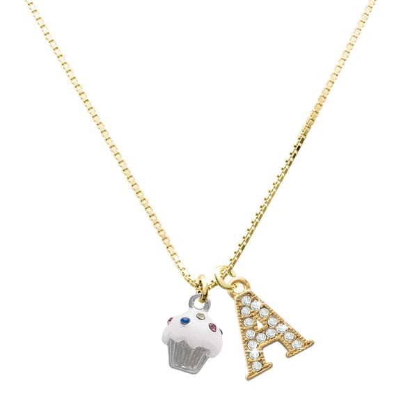 Delight Jewelry Silver-tone Small White Cupcake with Crystal Sprinkles - Large Goldtone Crystal Initial - A - Charm Necklace, 17.5" 2"