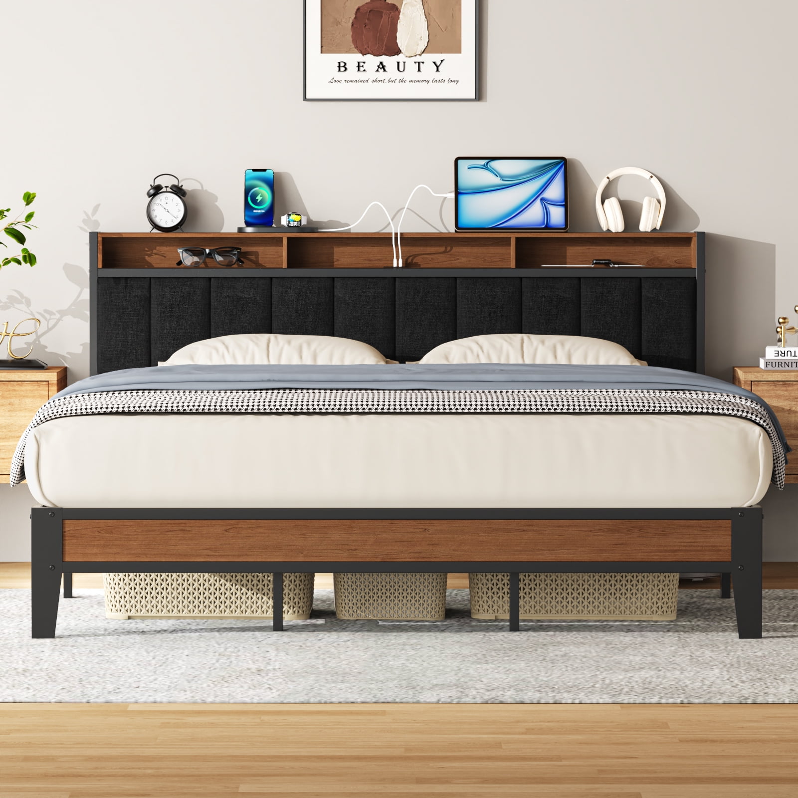 Lusimo California King Bed Frame with Headboard and Charging Station, Modern Fabric Upholstered Metal Platform Bed Frame with Headboard Storage Shelf No Box Spring Needed, Black