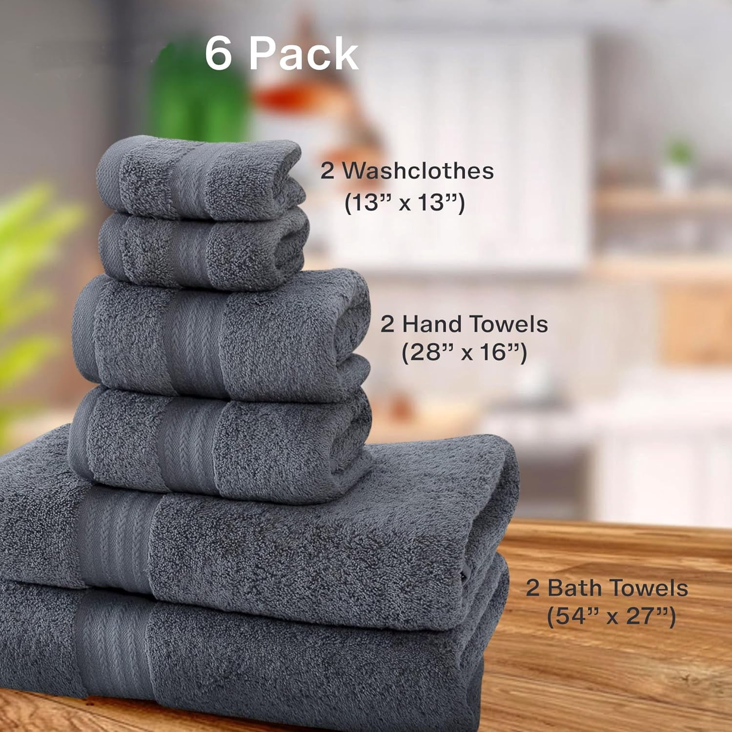 Luxurious 6 Piece Towel Set for Bathroom, 100% Cotton, Turkish Towels 2 Washclothes,2 Hand Towels, 2 Bathtowels 6-Pack, Bathroom Shower Towels, Dark Gray