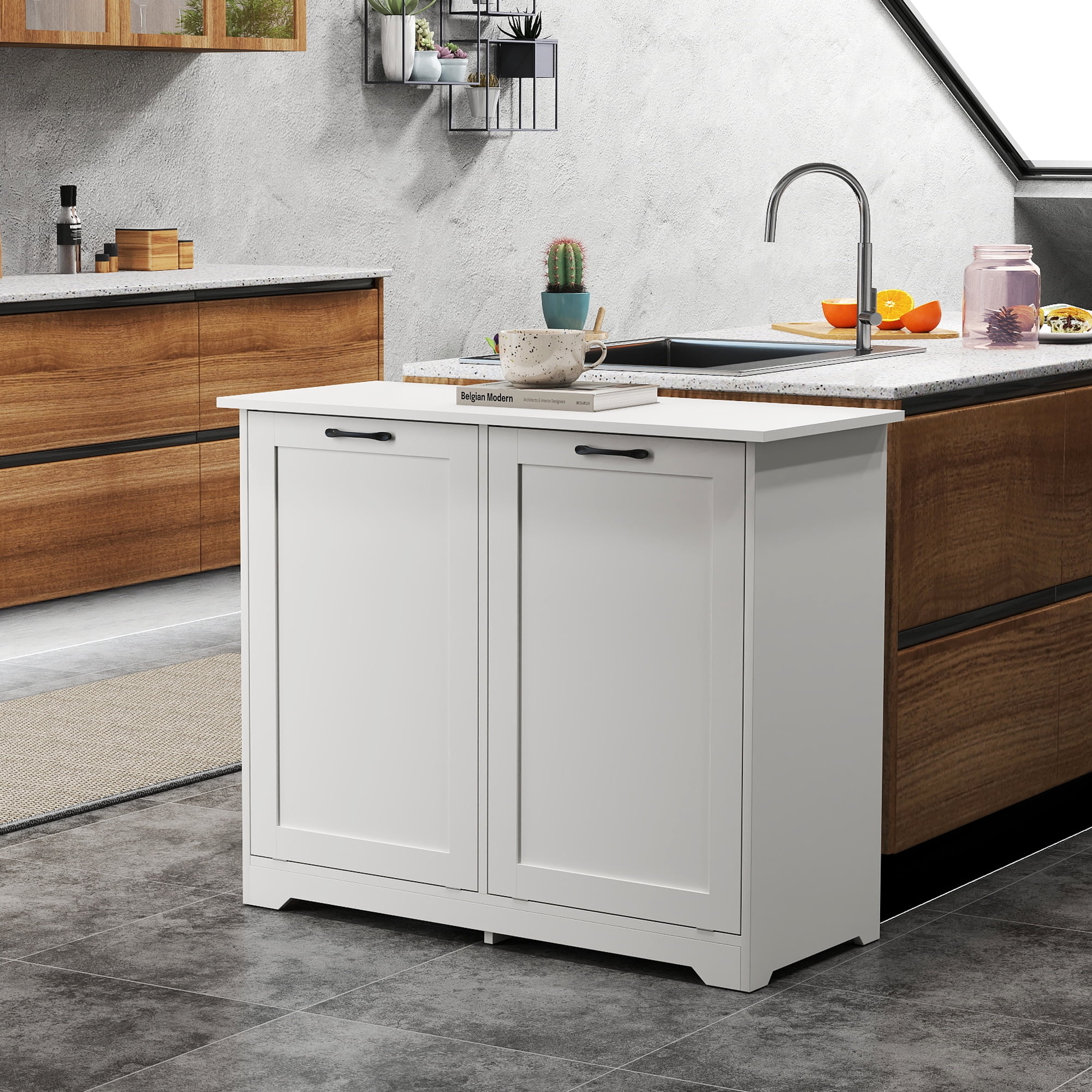 Jaxpety Double Tilt Out Trash Can Cabinet with Deodorizing Function, 20 Gallon Wooden Kitchen Garbage Can Freestanding Holder, White