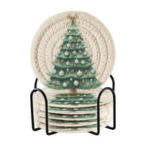 6 Pcs Drink Coasters with Holder 3.94in Woven Coasters for Drinks Green Christmas Tree with Baubles Coaster Set for Protection Table