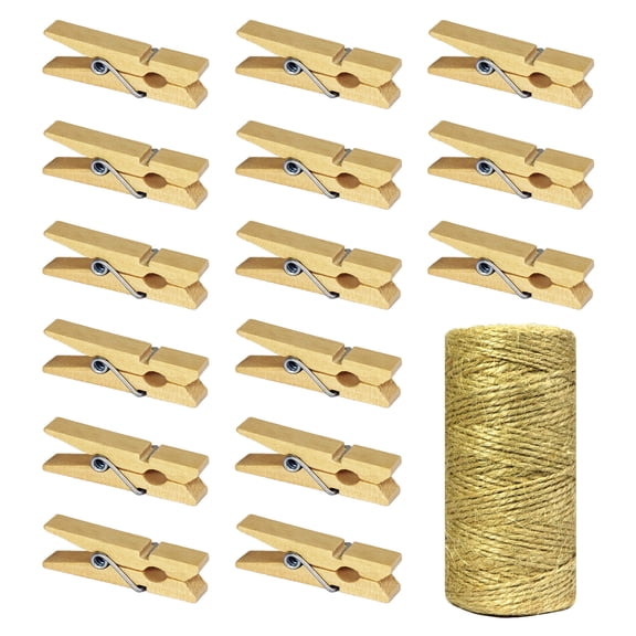 Mini Natural Wooden Clothespins with Jute Twine, 100pcs, 1.4 Inch Photo Paper Peg Pin Craft Clips with 320ft Natural Twine for Scrapbooking, Arts & Crafts, Hanging Photos (Natural Color)