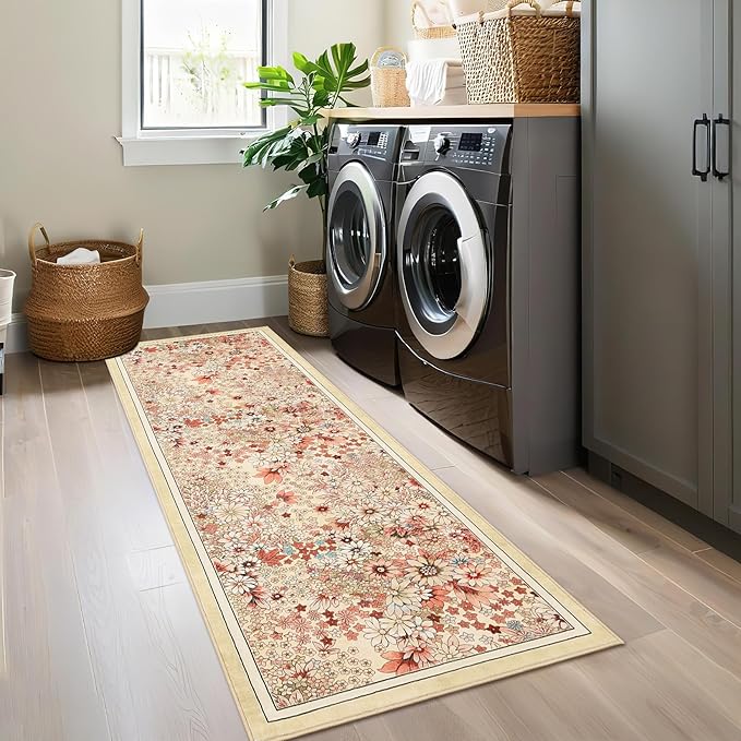 8'x 10' Runner Rug for Hallways Kitchen Non Slip Washable Rugs with Rubber Backing Soft Floral Carpet Runner for Hallways, Kitchen, Laundry, Bedroom, Bathroom-Yellow