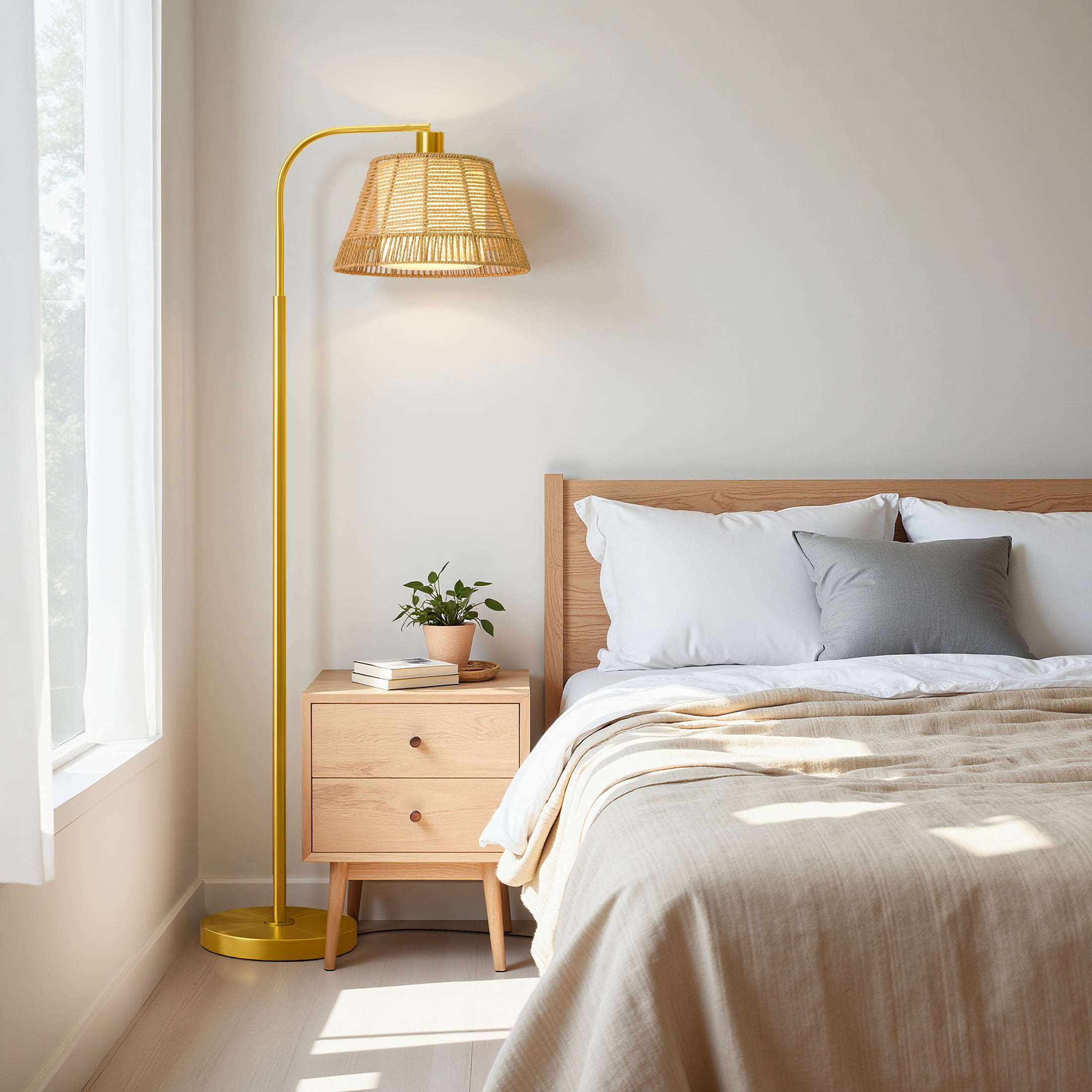 Oneach 62.5" Boho Metal Floor lamp with Bell Rattan Shade,Farmhouse Gold Standing Tall Lamp for Living Room Bedroom,Home,Office