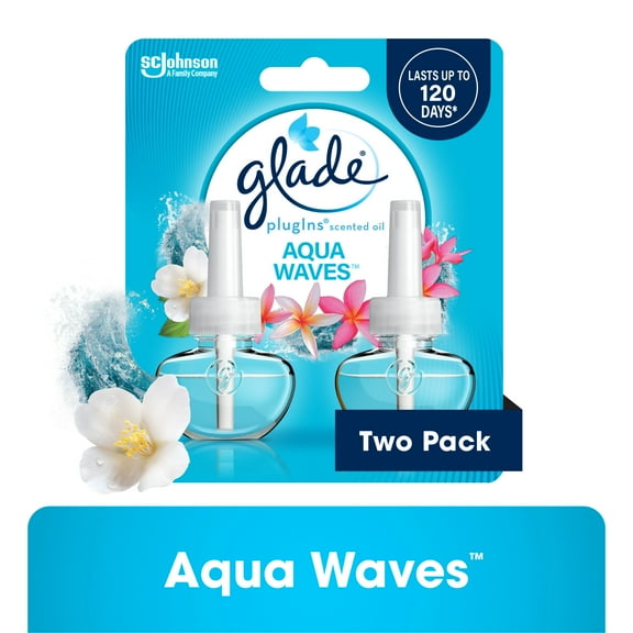 Glade PlugIns Scented Oil 2 Refills, Air Freshener, Aqua Waves,Essential Oil Infused Wall Plug In, 1.34 FL oz, Pack of 2