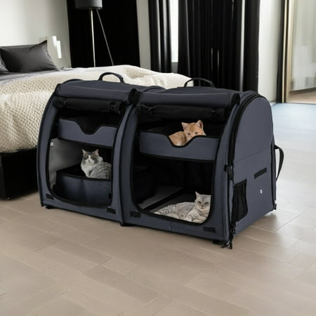 Demi Bonn 40  Portable Twin Compartment Show House Cat Cage/Condo  Fold Kennel Dog Travel Crate with Carry Bag  2 Removable Hammocks and Collapsible Litter Box  Black