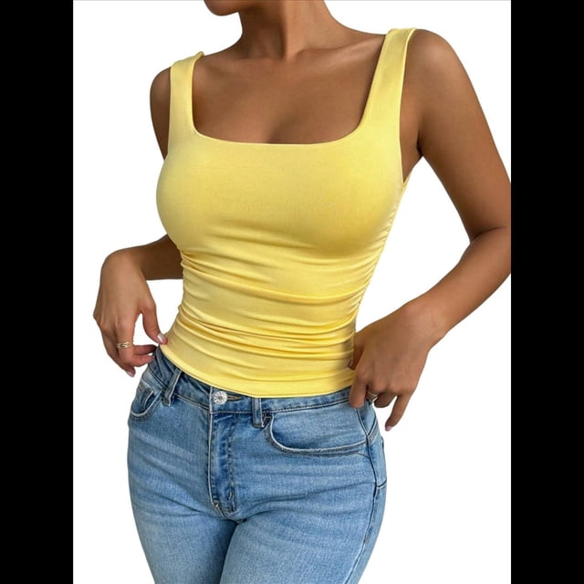 Camiseta Básica de Verano Sin Mangas con Cuello Cuadrado y Fruncido para Mujer. Amarillo M