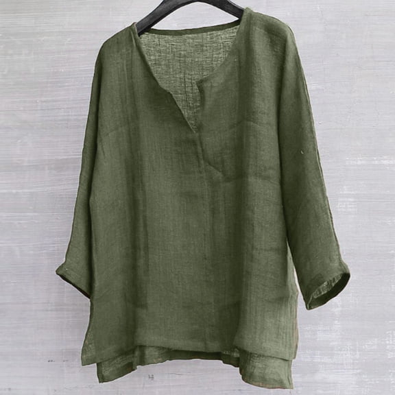 Utoimkio Men's Long Sleeve Casual Loose T Shirts Cotton Linen Comfortable Breathable V Neck Pullover Blouse Tops for Men