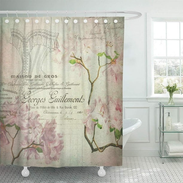 CYNLON Pink Digital Vintage Chic French Script Shabby Flowers Gray