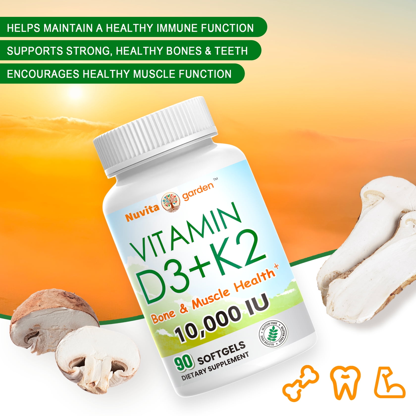 (3 PACK) Vitamin D3 K2 Supplement - 1000 IU Vitamin D3 and K2 200mcg - Bone & Heart Health for Adults - Vegetarian, Gluten Free
