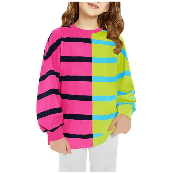 Odeerbi Toddler Boys Girls Crewneck Sweatshirts Striped Pullover Sweatshirts Children's Shirt Long Sleeve Printed T-shirt Round Neck Top Suitable Aged 1-12 T-shirts Hot Pink