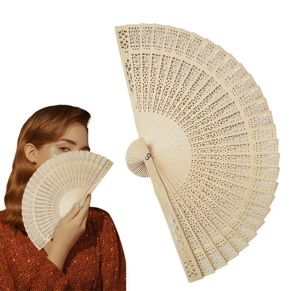 Cyenie Vintage Floral Wooden Hand Fan, Candy Colored Folding Fan with Intricate Carved Pattern, Portable Summer Wedding Party Accessory for Women, A