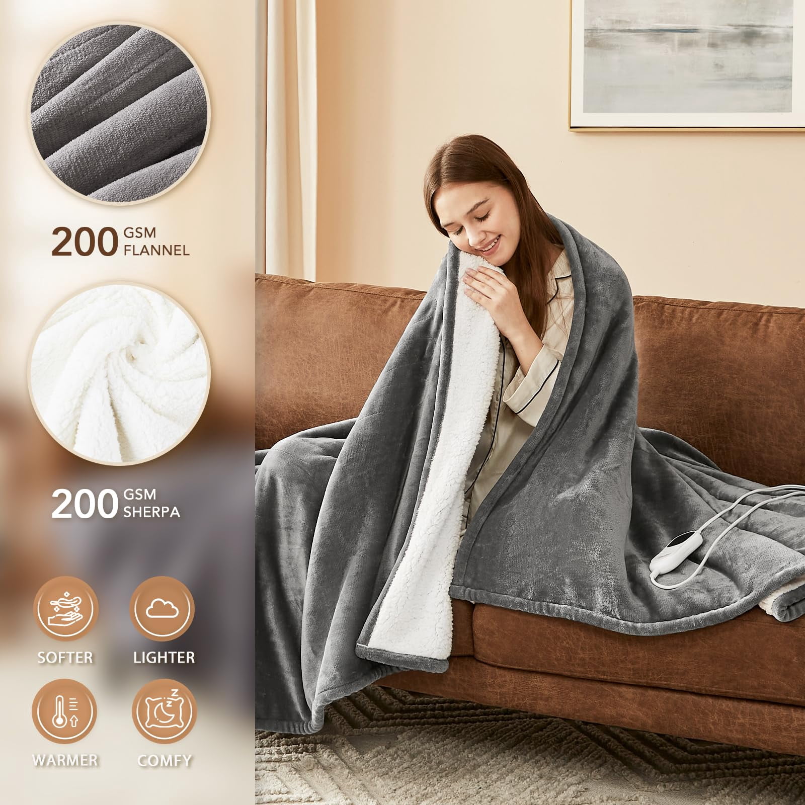 Electric Heated Blanket King Size - 100"x90" Heating Dual Control 1/2/4/6/8 Hours Auto-off 10 Heat Level Over-heat Protection Flannel Sherpa Etl Certification