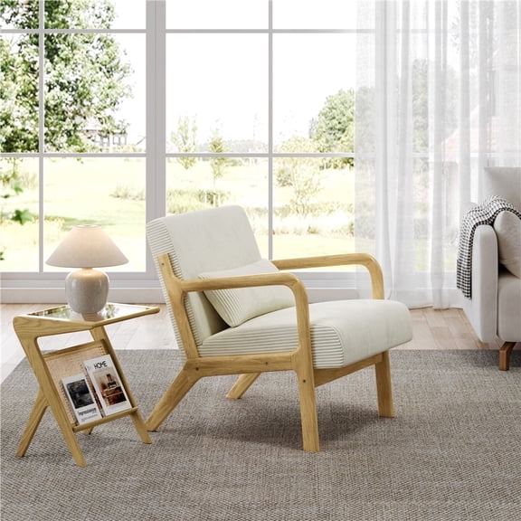 Yaheetech Mid-Century Corduroy Upholstered Accent Armchair with Wood Legs, Beige