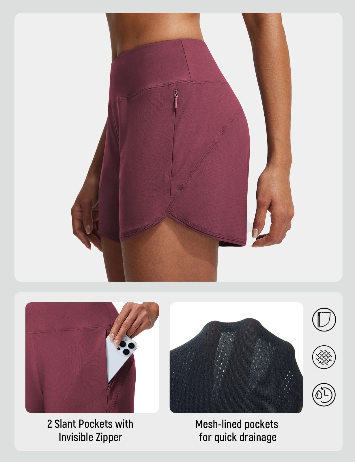 baleaf Swim Shorts for Women High Waisted Board Shorts Tummy Contol Swim Bottoms for Swimming with Liner Zipper Pockets Quick Dry UPF 50+ Wine Red XL