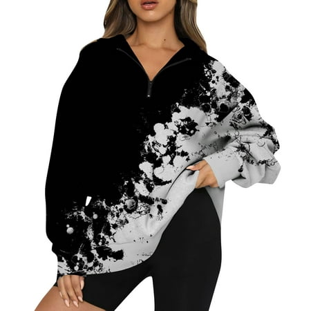 

DENGDENG Comfy Sweatshirts for Women Teen Girls Half Zip Sweatshirt Fashion Floral Graphic Long Sleeve Outfits Maternity Drop Shoulder Fall Clothes V Neck Y2K 1/4 Zip Hoodies Trendy Pullover Black M