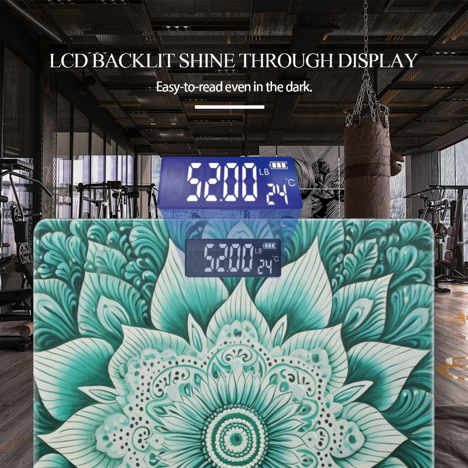 High Precision Body Weight Scale Smart Bathroom Scales with Large LCD Display(400lbs),Decorative for Bedroom-Teal Mandala Floral Pattern