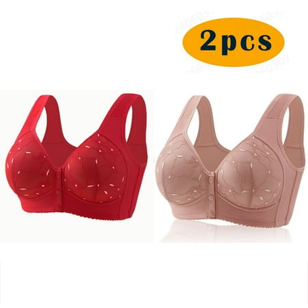 Crunowin 2Pc Bra For Seniors Front Closure for Women  Soft Casual Bra Plus Size Wire Free Lingerie Pink XL