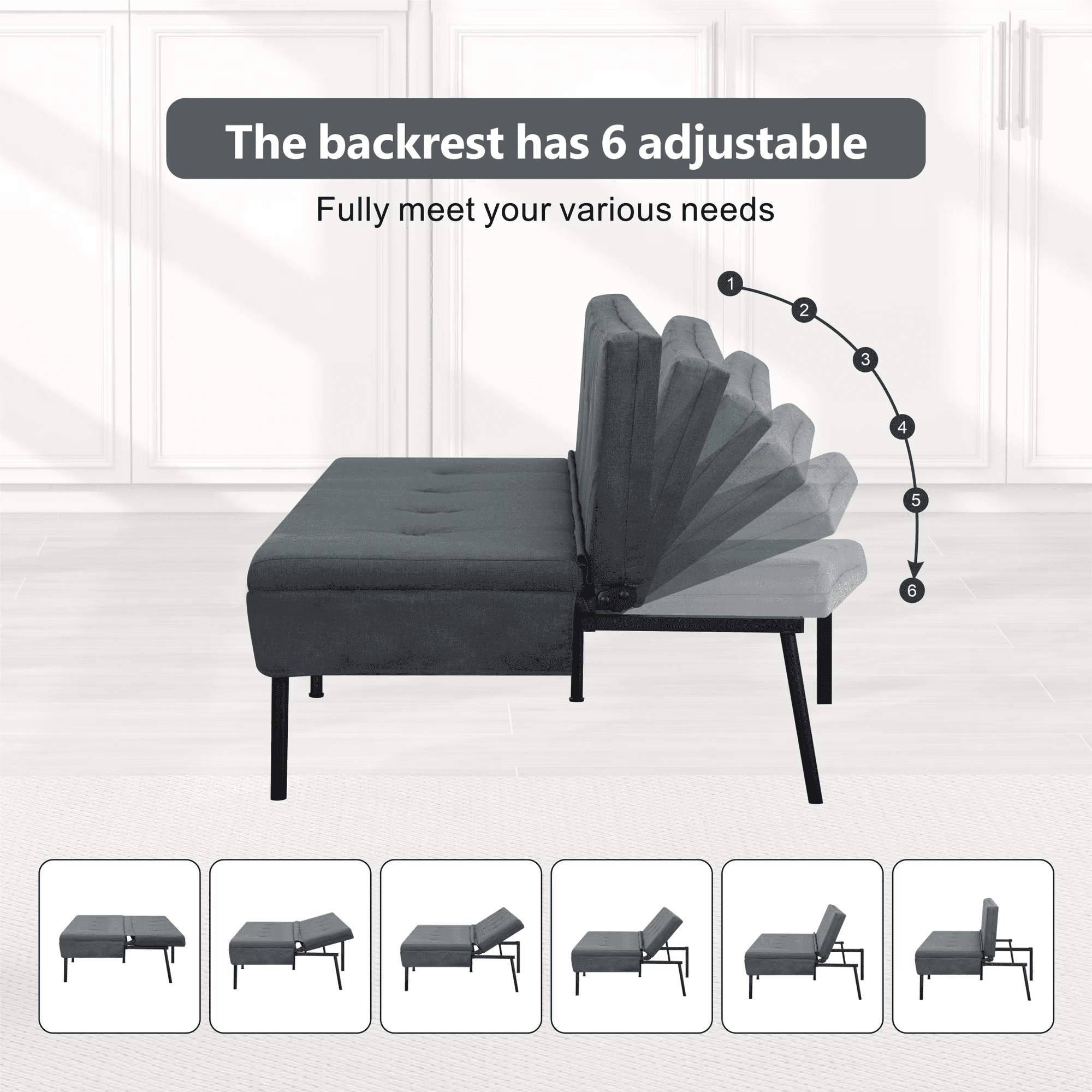 BSHTI 63.39" Futon Sofa Bed with 5 Adjustable Positions – Polyester Fabric Convertible Sleeper Couch with Iron Frame, Clean-Lined Modern Design for Living Room, Apartment, Office, Dark Gray