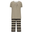 thumbnail image 4 of Busydd Womens Pajama Sets Fashion Loose Comfort Nightgowns for Women Casual Round Neck Solid Color Short Sleeve Pleated Button Up Tee Tops and Knee Length Striped Pants with Pockets, 4 of 7