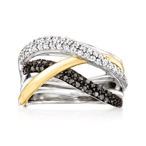 Ross-Simons 0.50 ct. t.w. Black and White Diamond Highway Ring in Sterling Silver and 14kt Yellow Gold, Women's, Adult
