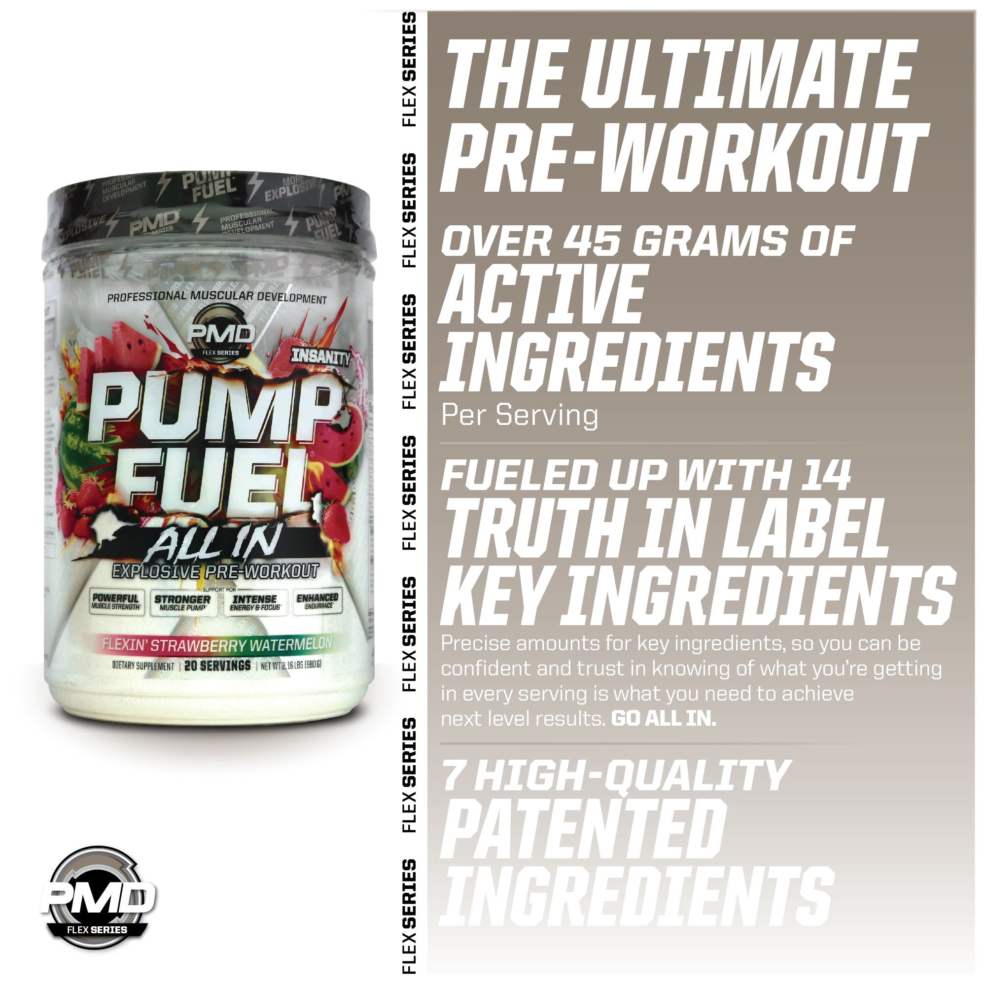 PMD Sports Pump Fuel ALL IN Insanity - Ultimate Muscle Pump Supplement & Pre Workout Powder - Maximum Energy and Focus with Premium Creatine, Beta Alanine & More - Strawberry Watermelon (20 Servings)