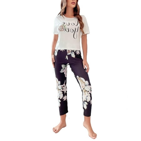 

Casual Letter Graphic Round Neck Pant Sets Short Sleeve Multicolor Womens Pajama Sets (Women s)