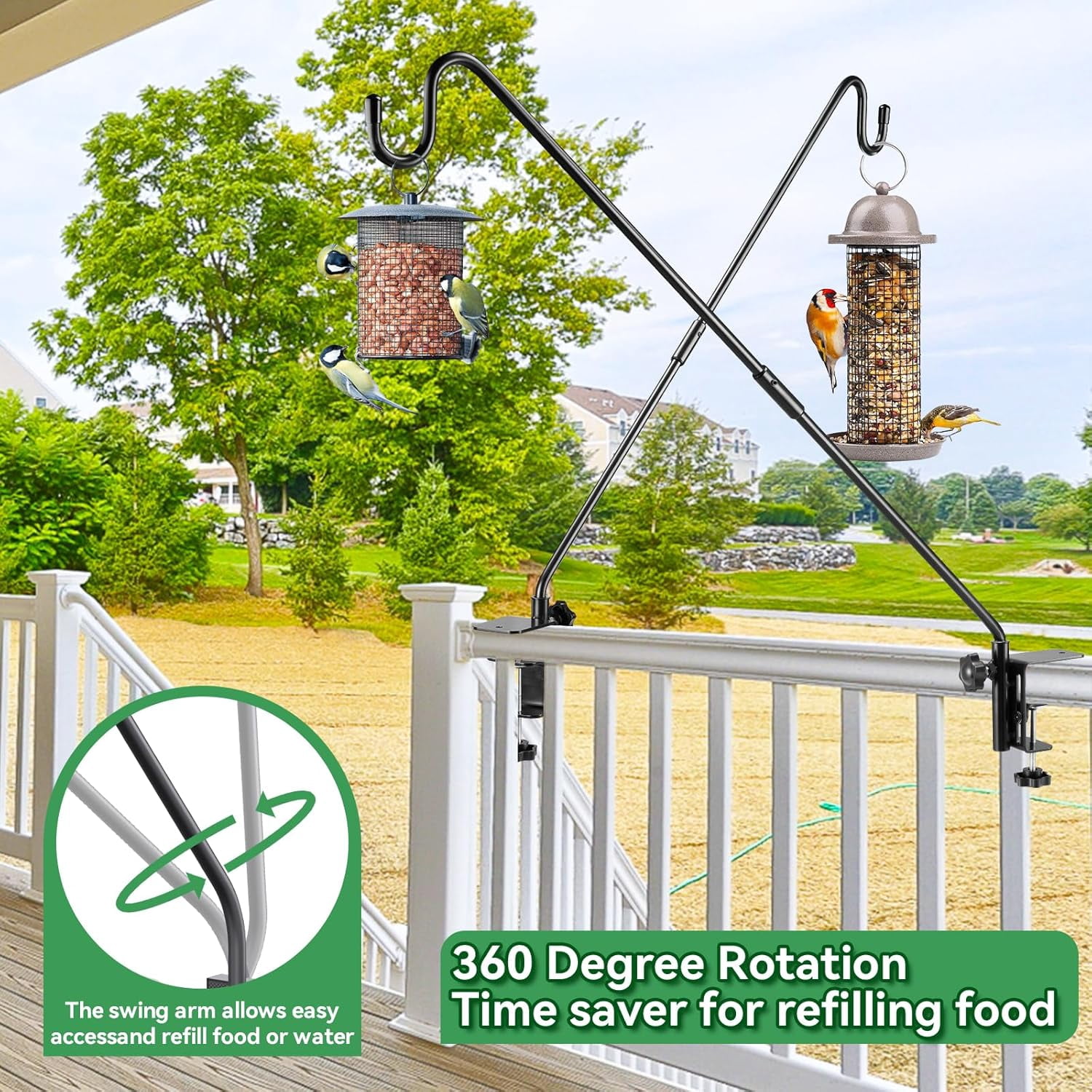 Deck Bird Feeder Hanger 28 inch, Heavy Duty Shepherds Hook for Railing & Fence, 360° Rotating Plant Bracket, Outdoor Metal Pole Hanging Hummingbird Feeder, Flower Baskets, Planter