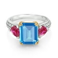 thumbnail image 2 of Gem Stone King 925 Sterling Silver and 10k Yellow Gold Swiss Blue Topaz and Red Created Ruby 3 Stone Engagement Ring for Women (5.05 Cttw, Octagon Cut 10X8MM, Size 6), 2 of 4