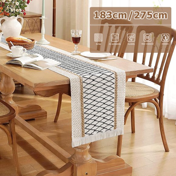 Retrok Chemin de Table 108 Pouces en Coton Boho Macramé Linge de Table Bohème Rustique avec Franges pour Baby Shower Anniversaire Mariage Fête Banquet