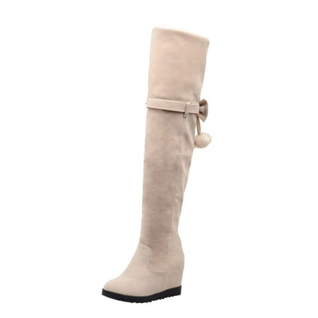 

Ediodpoh Ladies Fashion Retro Solid Suede Removable Bow Decoration Elevated Knee Length Boots Woman Shoes Beige 6.5