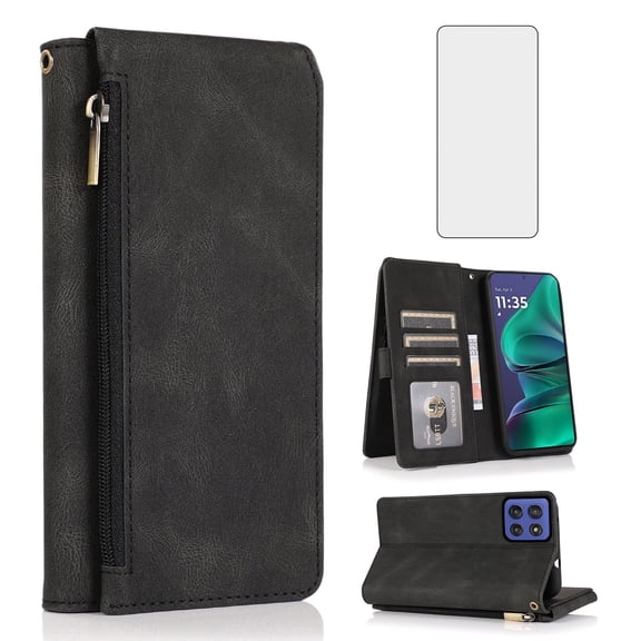 Asuwish Wallet Kickstand Hard Shell Cell Phone Case with Tempered Glass Screen Protector for Moto G Stylus 5G 2025, Black