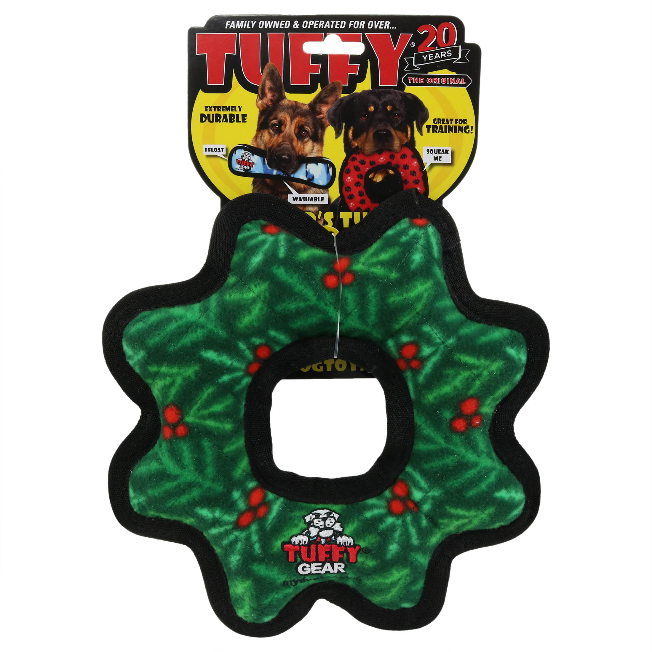 Tuffy Holiday Medium Gear Ring Wreath, Durable Plush Squeaky Dog Toy