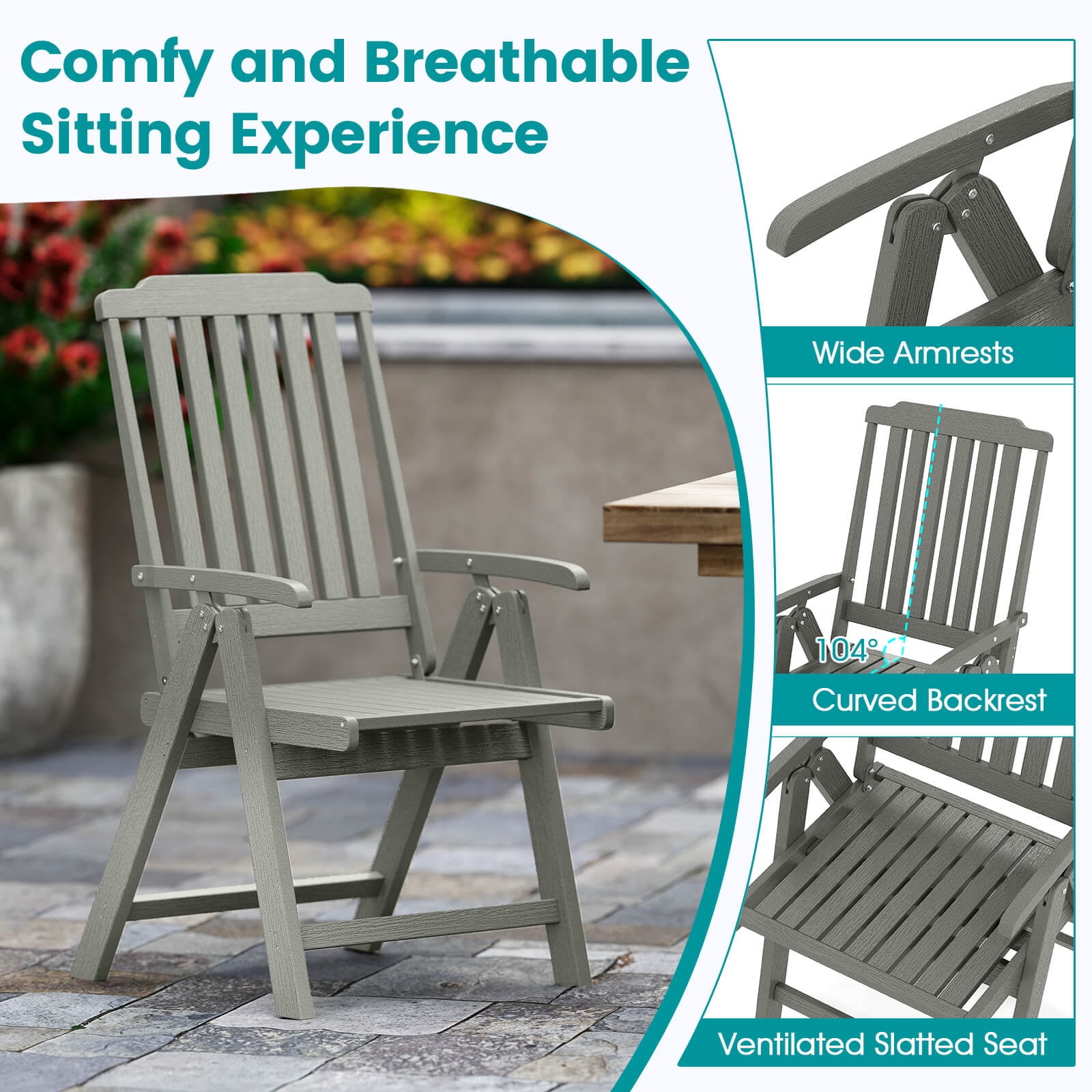 Costway Foldable Patio Chair with Armrest, Curved Back, Slatted Seat for Backyard Deck Gray