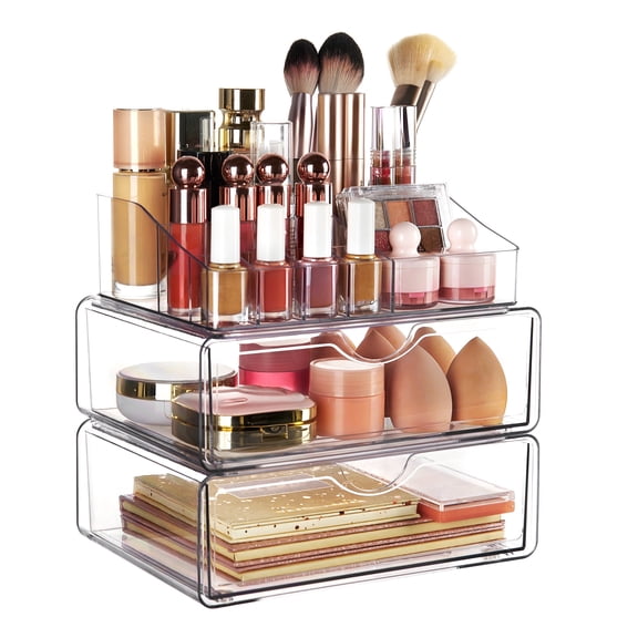 Sindcom 3 Tier Clear Makeup Organizer with Drawer, Cosmetic Storage for Dresser Countertop and Bathroom Vanity, Beauty Holder for Lipstick Brush Skincare
