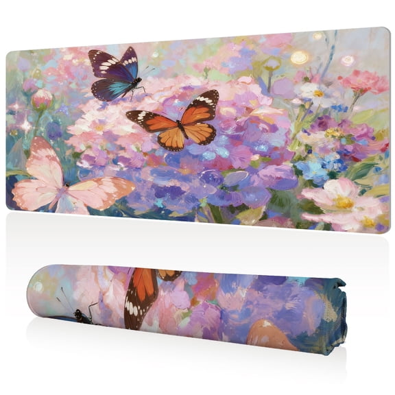 LIVEKEY Mouse Pad Extra Large 80x40x0.3cm Full Desk Coverage with Vibrant Butterfly and Flower Art Durable Easy Clean Non Slip Sewn Edges for Gaming and Office