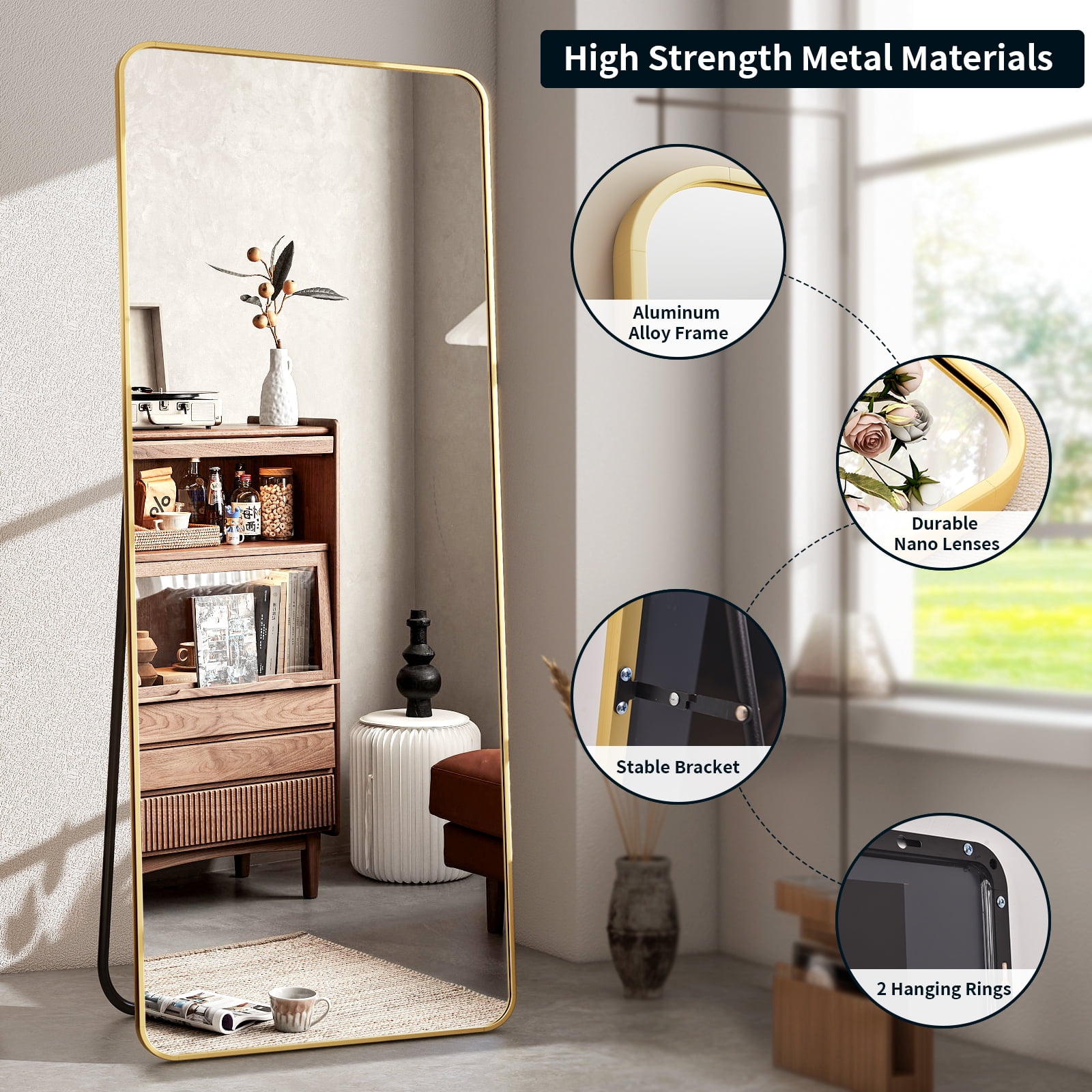 Mistory 59"x16" Full Length Mirror Rounded Corner Floor Mirror with Metal Frame, Gold