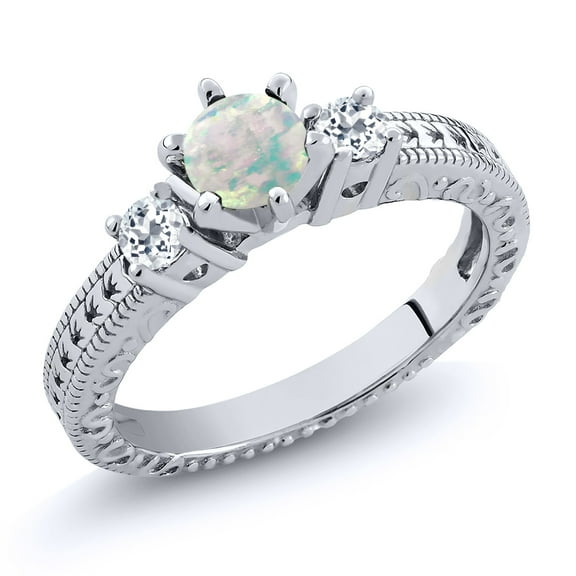 Gem Stone King 0.78 Ct Round Cabochon White Simulated Opal White Topaz 925 Sterling Silver Ring (Size 7)