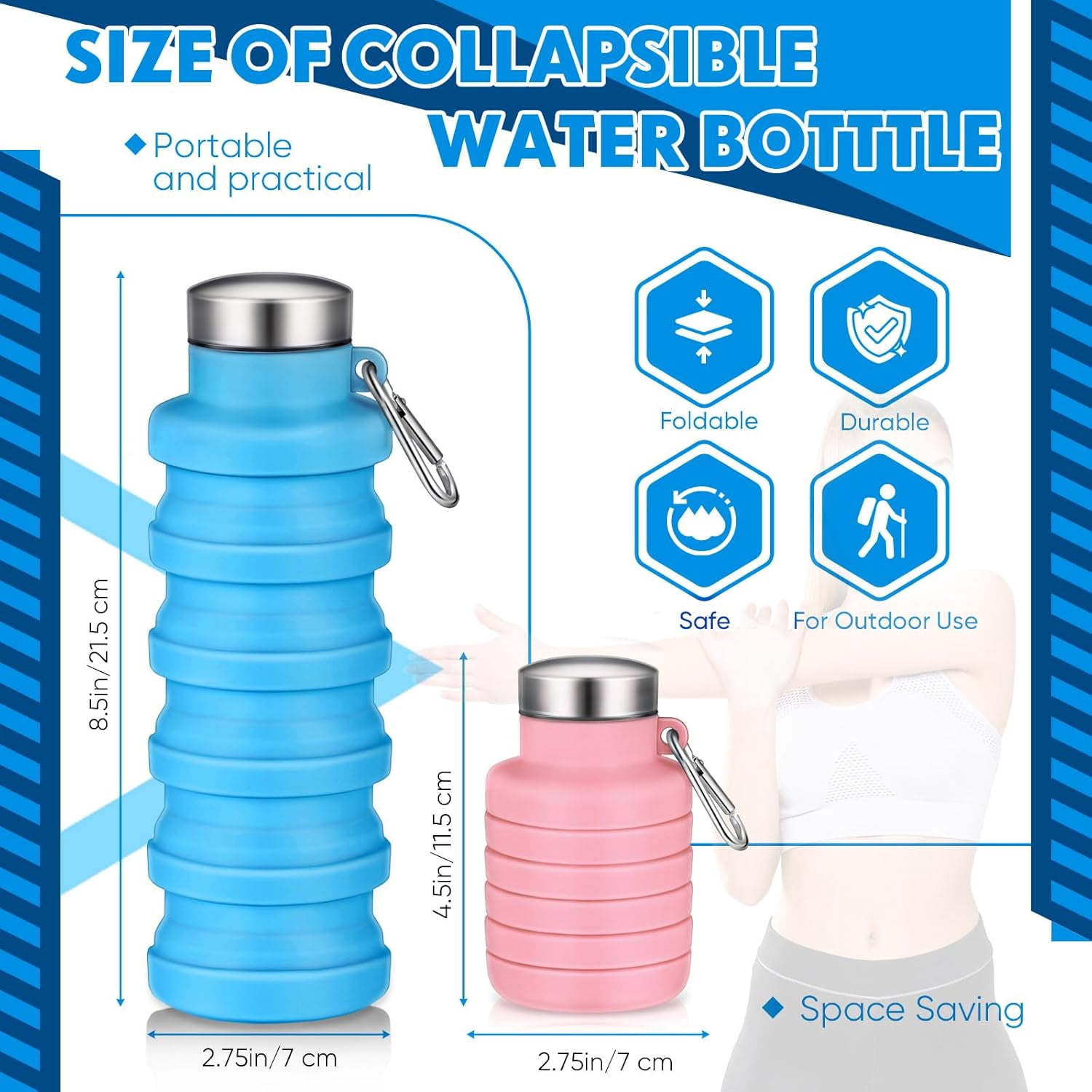 ABCISI 2 Pcs Collapsible Water Bottles, 17oz Silicone Portable Leak-Proof Water Bottle with Buckle, Silicone Lightweight Reusable Travel Water Bottle for Camping Hiking Cycling Sport (Pink, Blue)