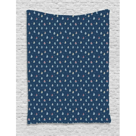 Ocean Themed Wall Decor Maritime Tapestry, Minimal Colorful Sailboats Pattern of Line Art Waves Ocean Themed, Wall Hanging for Bedroom Living Room Dorm Decor, Dark Sky Blue Multicolor, by Ambesonne ()